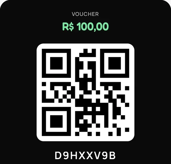 Voucher de R$ 100 com QR code e o código D9HXXV9B.